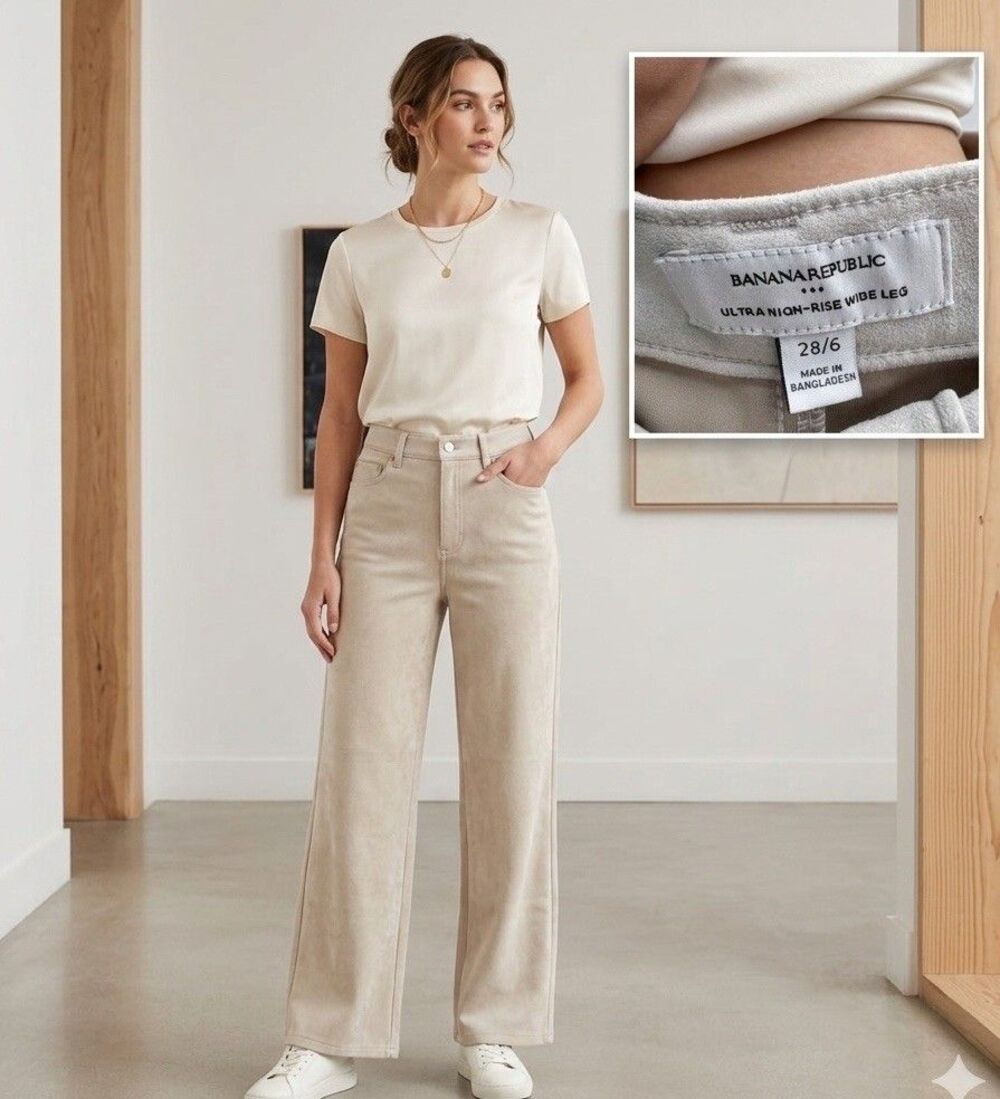 Banana Republic Women’s 28/6 Ultra High-Rise Wide Leg Suede Pants Cream Soft